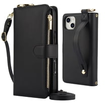 Decase Crossbody Wallet Case for iPhone 14 RFID Blocking 6-Card Holder Soft PU Leather Adjustable Shoulder Strap Zipper Pocket Metal Buckle Wristband Phone Case for iPhone 14,Black