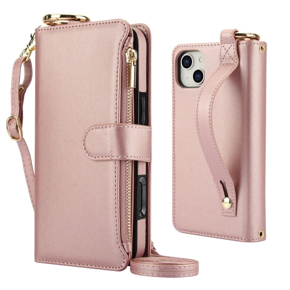 Decase Crossbody Wallet Case for iPhone 15 Plus RFID Blocking 6-Card Holder Soft PU Leather Adjustable Shoulder Strap Zipper Pocket Metal Buckle Wristband Phone Case for iPhone 15 Plus,Rosegold