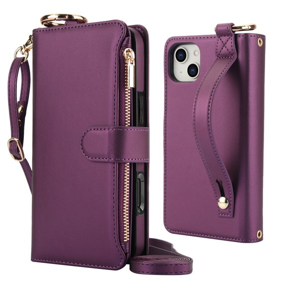 Decase Crossbody Wallet Case for iPhone 15 Plus RFID Blocking 6-Card Holder Soft PU Leather Adjustable Shoulder Strap Zipper Pocket Metal Buckle Wristband Phone Case for iPhone 15 Plus,Deep Purple
