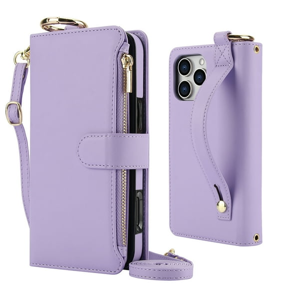 Decase Crossbody Wallet Case for iPhone 15 Pro Max RFID Blocking 6-Card Holder Soft PU Leather Adjustable Shoulder Strap Zipper Pocket Metal Buckle Wristband Phone Case for iPhone 15 Pro Max,Violet