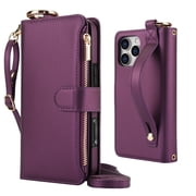 Decase Crossbody Wallet Case for iPhone 15 Pro Max RFID Blocking Card Holder Soft PU Leather Adjustable Shoulder Strap Zipper Pocket Metal Buckle Wristband Phone Case for iPhone 15 Pro Max,Deep Purple