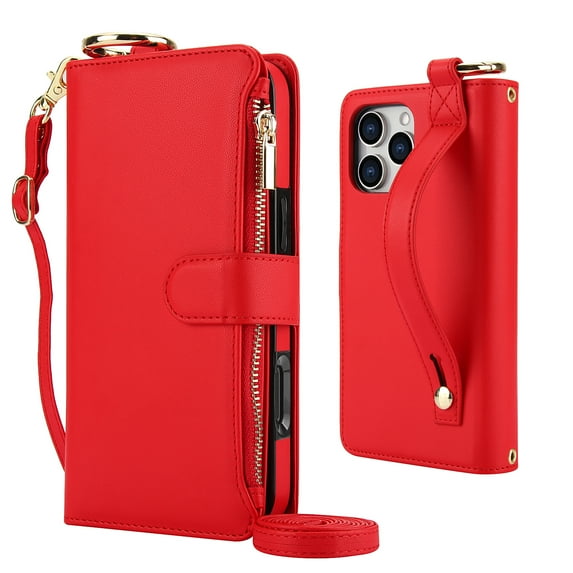 Decase Crossbody Wallet Case for iPhone 15 Pro RFID Blocking 6-Card Holder Soft PU Leather Adjustable Shoulder Strap Zipper Pocket Metal Buckle Wristband Phone Case for iPhone 15 Pro,Red