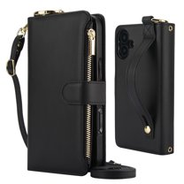 Decase Crossbody Wallet Case for iPhone 16 RFID Blocking 6-Card Holder Soft PU Leather Adjustable Shoulder Strap Zipper Pocket Metal Buckle Wristband Phone Case for iPhone 16,Black