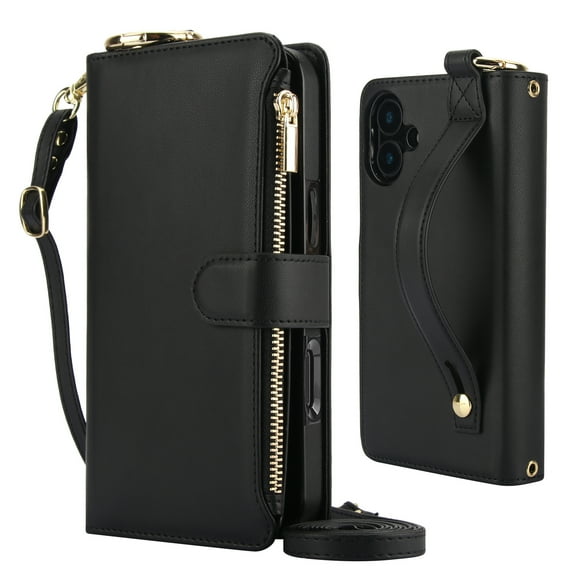 Decase Crossbody Wallet Case for iPhone 16 RFID Blocking 6-Card Holder Soft PU Leather Adjustable Shoulder Strap Zipper Pocket Metal Buckle Wristband Phone Case for iPhone 16,Black