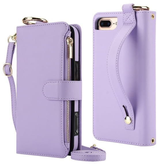 Decase Crossbody Wallet Case for iPhone 8 Plus/7 Plus RFID Blocking 6-Card Holder Soft PU Leather Adjustable Shoulder Strap Zipper Pocket Metal Buckle Wristband Phone Case 5.5",Violet