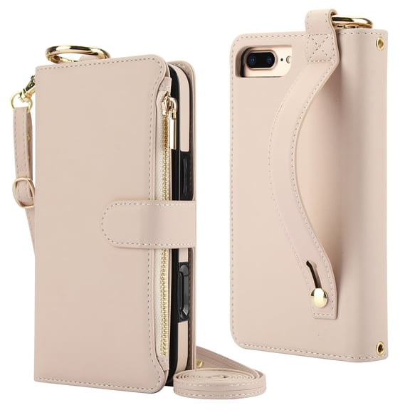 Decase Crossbody Wallet Case for iPhone 8 Plus/7 Plus RFID Blocking 6-Card Holder Soft PU Leather Adjustable Shoulder Strap Zipper Pocket Metal Buckle Wristband Phone Case 5.5",White
