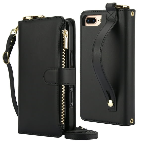 Decase Crossbody Wallet Case for iPhone SE 2022/ SE 2020/8/7 RFID Blocking 6-Card Holder Soft PU Leather Adjustable Shoulder Strap Zipper Pocket Metal Buckle Wristband Phone Case 4.7",Black