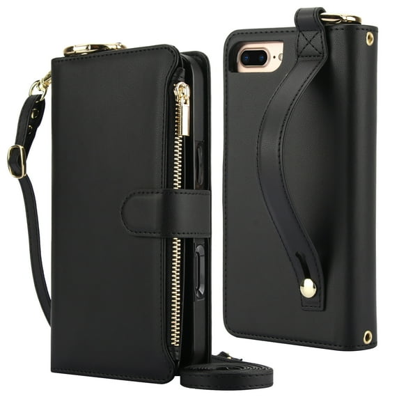 Decase Crossbody Wallet Case for iPhone SE 2022/ SE 2020/8/7 RFID Blocking 6-Card Holder Soft PU Leather Adjustable Shoulder Strap Zipper Pocket Metal Buckle Wristband Phone Case 4.7",Black