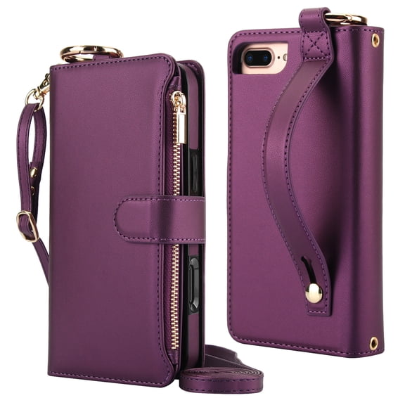 Decase Crossbody Wallet Case for iPhone SE 2022/ SE 2020/8/7 RFID Blocking 6-Card Holder Soft PU Leather Adjustable Shoulder Strap Zipper Pocket Metal Buckle Wristband Phone Case 4.7",Deep Purple