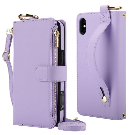 Decase Crossbody Wallet Case for iPhone XR RFID Blocking 6-Card Holder Soft PU Leather Adjustable Shoulder Strap Zipper Pocket Metal Buckle Wristband Phone Case for iPhone XR 6.1",Violet