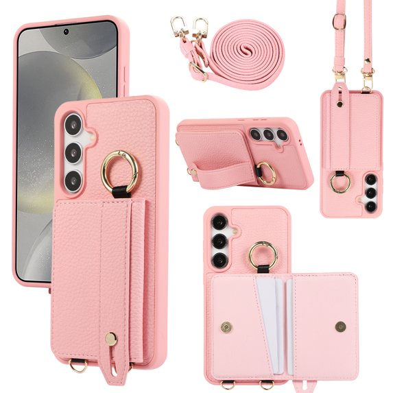 Decase Crossbody Wrist Strap Wallet Case for Samsung Galaxy S24+ with Cash Change Slot for Women Girl, Removable Adjustable Shoulder Lanyard Cover for Samsung Galaxy S24+,Pink