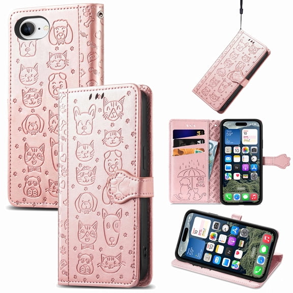 Decase Cute Wallet Case for iPhone 16e,Cartoon Cat Dog Style Flip Phone Shell with Credit Cards Slot & Stand Shockproof Magnetic Closure Protective Cover Case for iPhone 16e,Rosegold