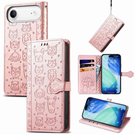 Decase Cute Wallet Case for iPhone Air,Cartoon Cat Dog Style Flip Phone Shell with Credit Cards Slot & Stand Shockproof Magnetic Closure Protective Cover Case for iPhone Air,Rosegold