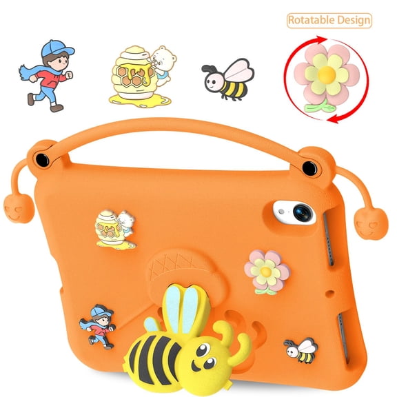 Decase EVA Tablet Case for iPad Mini 7th/6th Gen 2024/2021 8.3 Inch,Unique Kids Little Bee Pattern Tablet Case with Handle,Shock-Absorbent Stand Cover,Orange
