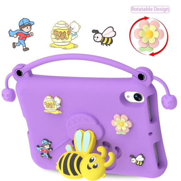Decase EVA Tablet Case for iPad Mini 7th/6th Gen 2024/2021 8.3 Inch,Unique Kids Little Bee Pattern Tablet Case with Handle,Shock-Absorbent Stand Cover,Purple
