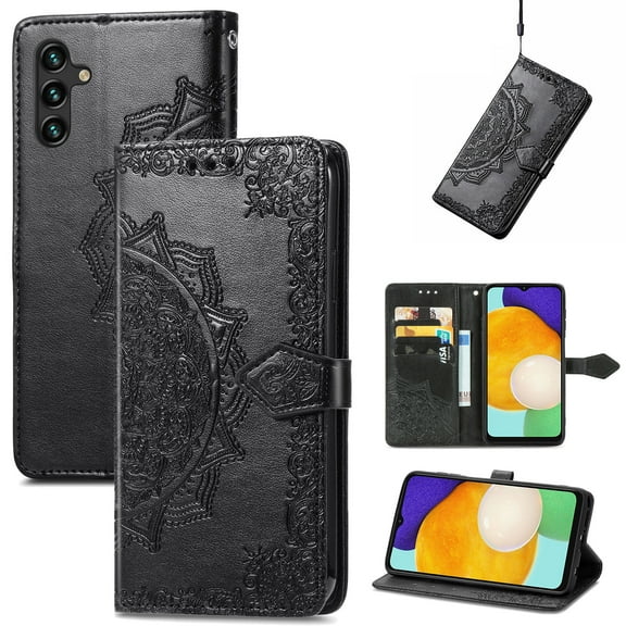 Decase Embossed Floral Wallet Cover for Samsung Galaxy A14 5G, Shockproof Magnetic Flower Premium PU Leather Wallet Card Slots Folio Flip Protective Phone Case with Hand Strap and Kickstand,Black