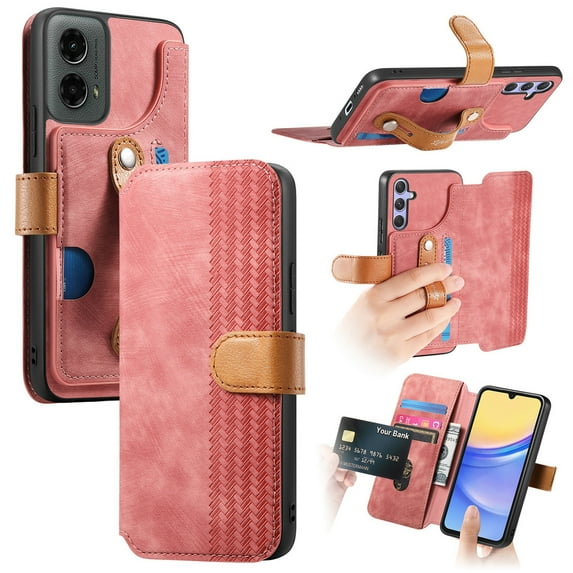 Decase Fashion Anti-Scratch Case for Motorola Moto G 5G (2024) Shockproof Wallet Cover with RFID Blocking Wrist Strap Flip Credit Card Holder Slot, Folio PU Leather+TPU Bumper Back Cover,Pink