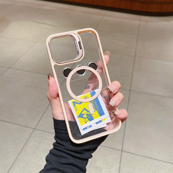 Decase Fashion Clear Stand Case for Apple iPhone 16 Plus,Shockproof Transparent Protective Case with Lens Protector & Lens Stand & 1*Tempered Screen Protector,Magnetic Accessories Cover,Pink