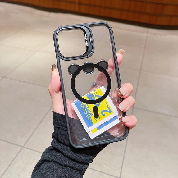 Decase Fashion Clear Stand Case for Apple iPhone 16 Plus,Shockproof Transparent Protective Case with Lens Protector & Lens Stand & 1*Tempered Screen Protector,Magnetic Accessories Cover,Black