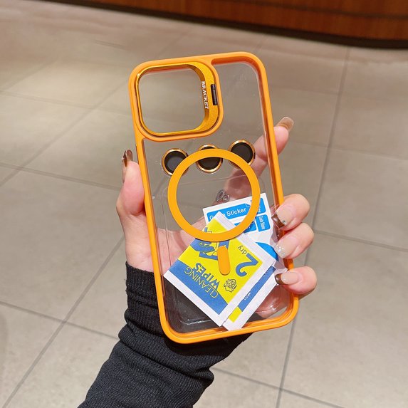 Decase Fashion Clear Stand Case for Apple iPhone 16,Shockproof Transparent Protective Case with Lens Protector & Lens Stand & 1*Tempered Glass Screen Protector,Magnetic Accessories Cover,Orange
