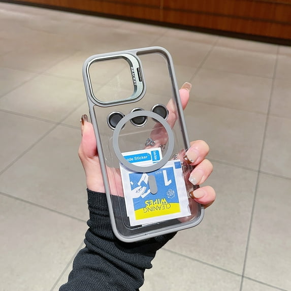 Decase Fashion Clear Stand Case for Apple iPhone 16,Shockproof Transparent Protective Case with Lens Protector & Lens Stand & 1*Tempered Glass Screen Protector,Magnetic Accessories Cover,Gray