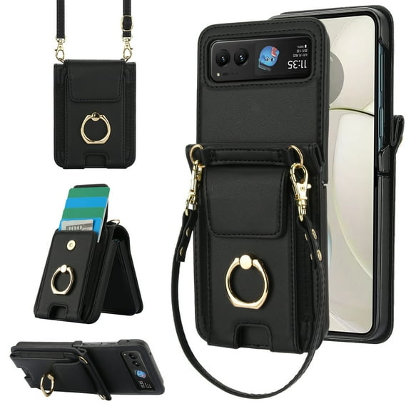 Decase Fashion Hybrid Phone Case Compatible with Motorola Razr 40 Wallet Cover with Ring Crossbody Wrist Strap Lanyard Credit Card Holder Slot Fits for Motorola Razr 40 2023 Women Men,Black