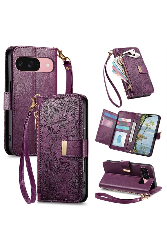 Fashion PU Leather Wallet Case for Google Pixel 10 /10 Pro/9 /9 Pro,Shockproof Magnetic Buckle Hybrid Cover with Zipper Pocket Credit Card Slot Cash Slot Wrist Strap Lanyard,Purple