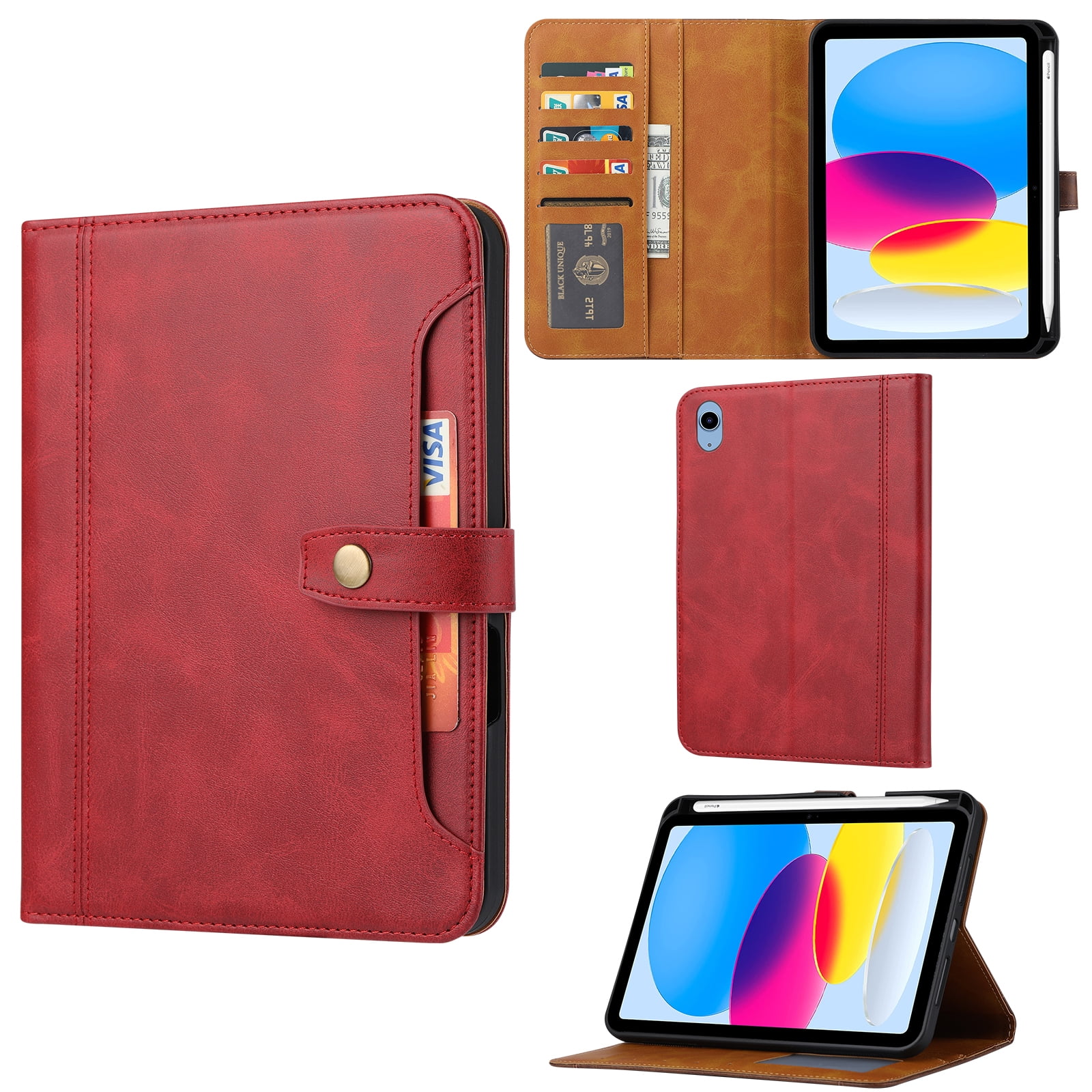 Decase Faux Leather Case for iPad A16 11th Gen 11" 2025 & iPad 10th Gen 10.9" 2022,Shockproof Wallet Cover with Pencil Holder & Flip Stand,Auto Sleep Wake,Front Document Pocket,Red