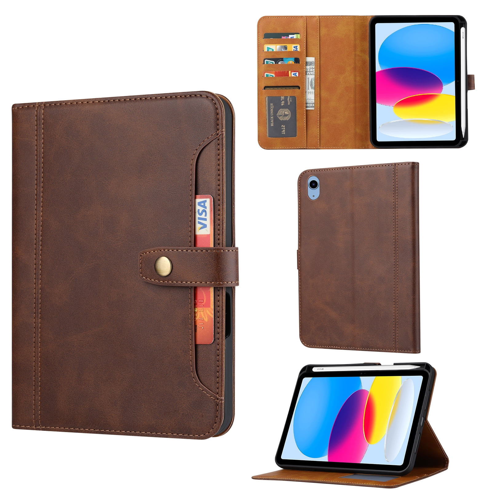 Decase Faux Leather Case for iPad A16 11th Gen 11" 2025 & iPad 10th Gen 10.9" 2022,Shockproof Wallet Cover with Pencil Holder & Flip Stand,Auto Sleep Wake,Front Document Pocket,Coffee