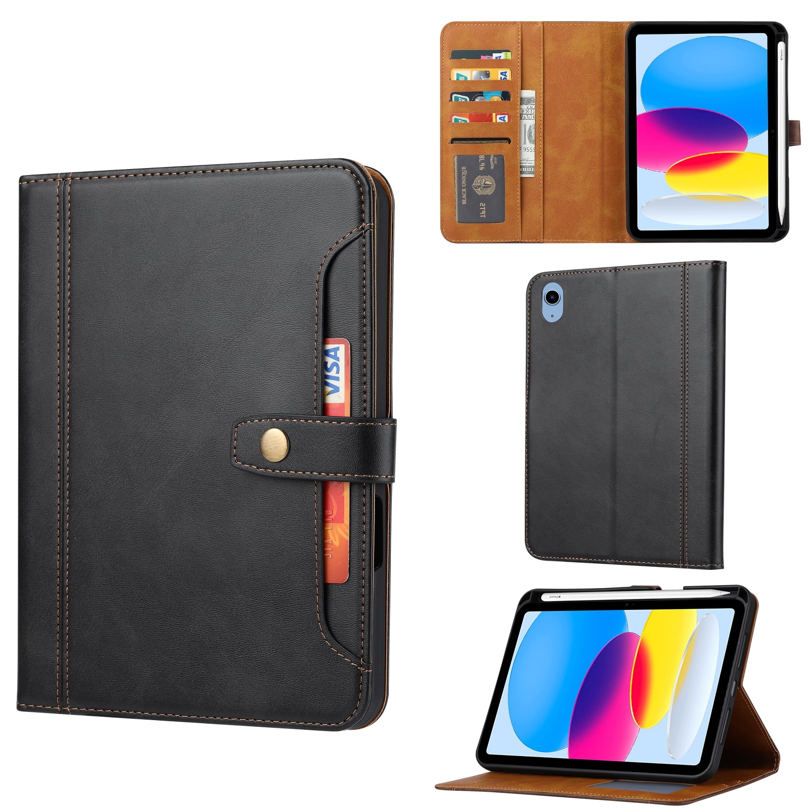 Decase Faux Leather Case for iPad A16 11th Gen 11" 2025 & iPad 10th Gen 10.9" 2022,Shockproof Wallet Cover with Pencil Holder & Flip Stand,Auto Sleep Wake,Front Document Pocket,Black