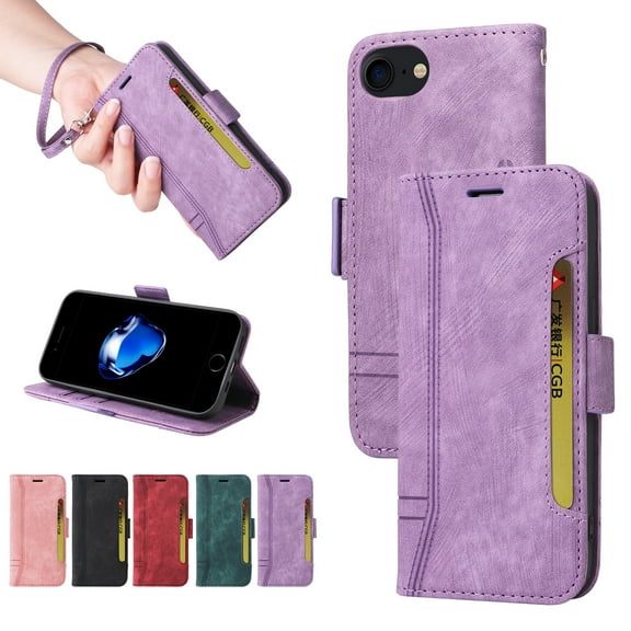 Decase Fit for iPhone SE 2022,iPhone SE 2020,iPhone 8,iPhone 7 Wallet Cover with Wrist Strap,Drop Protection Durable PU Leather Magnetic Clasp Flip Holder Card Slots Purse Phone Case,Purple