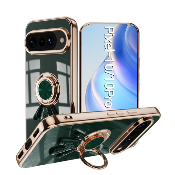 Decase Fits for Google Pixel 10 /10 Pro Case with Ring Stand Plating Astronaut Pattern 360°Rotatable Ring Holder,for Pixel 10 /10 Pro Phone Case Silicone Shockproof Protective Slim Cover,Darkgreen
