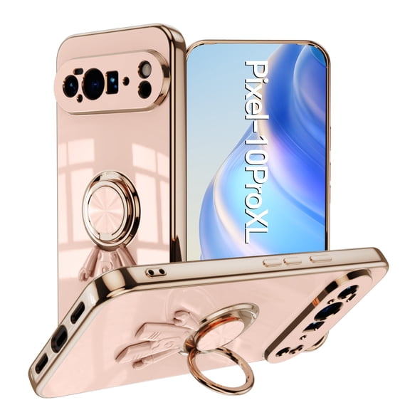 Decase Fits for Google Pixel 10 Pro XL Case with Ring Stand Plating Astronaut Pattern 360°Rotatable Ring Holder,for Pixel 10 Pro XL Phone Case Silicone Shockproof Protective Slim Cover,Lightpink