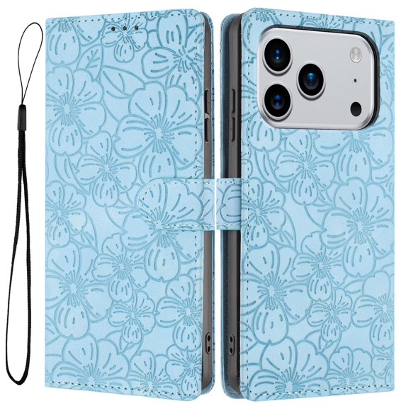 Decase Flip Case for iPhone 17 Pro Max,Embossed Cherry Blossoms Flip PU Leather Wallet Cover,Magnetic Flip Closure Shockproof Cover with Wrist Strap,Skyblue