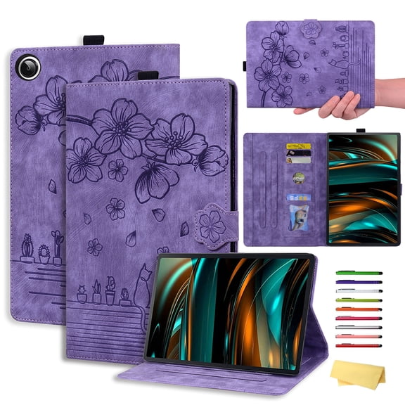 Decase Flip PU Leather Wallet Case for Samsung Galaxy Tab A11+/A9+ 11",Shockproof Embossed Flower Folio Cover for Tab A11 Plus / A9 Plus with Stand/Pen Holder,Purple