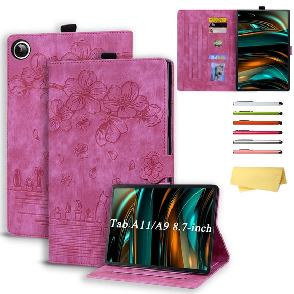 Decase Flip PU Leather Wallet Case for Samsung Galaxy Tab A11/A9 8.7-inch,Shockproof Embossed Flower Folio Cover for Tab A11 2025 /A9 2023 with Stand/Pen Holder,Rose