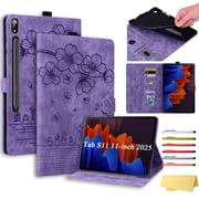 Decase Flip PU Leather Wallet Case for Samsung Galaxy Tab S11 11-inch,Shockproof Embossed Flower Folio Cover for Tab S11 2025 with Stand/Pen Holder,Purple