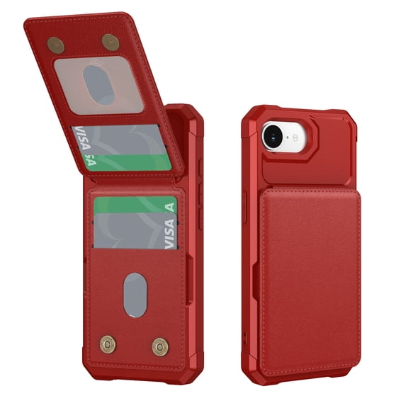 Decase Flip Wallet Phone Case for iPhone 16e,Vertical Flip Rugged Cover with Credit Card Slot,PU Leather + TPU Shock-Absorbent Protective Cover,Red
