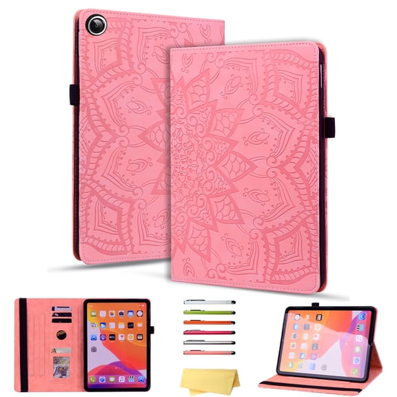 Decase Folio Case for Samsung Galaxy Tab A11+/A9+,Embossed PU Leather Soft TPU Back Shockproof Cover,with Elastic Strap Card Slot Flip Stand Wallet Case,Pink