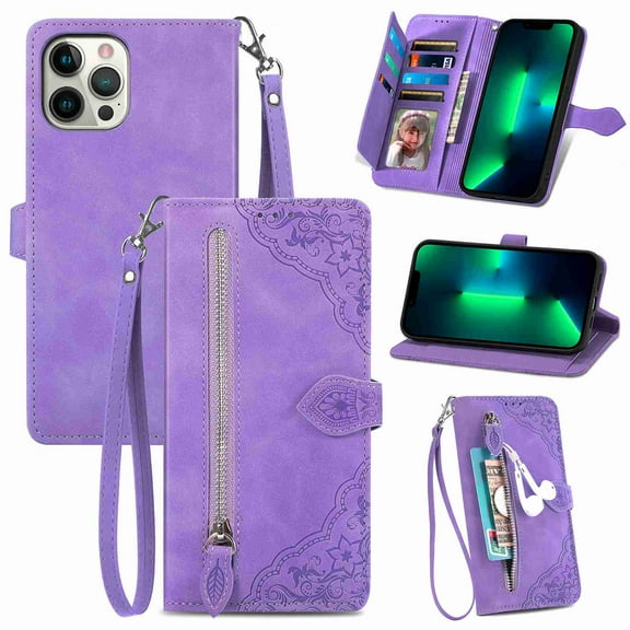 Decase For Apple iPhone 12 Pro Max Wallet Case Leather with Card Holder Zipper Purse Kickstand Protective Back Cover With Wrist Strap,Purple