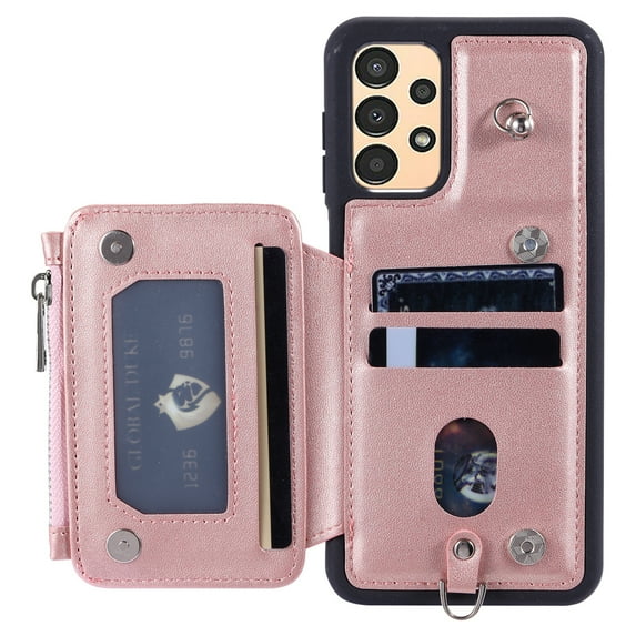 Decase For Samsung Galaxy A54 5G,Wallet Case PU Leather Shockproof Phone Shell Detachable Lanyard & Wrist Strap,Magnetic Buckle Back Cover Zipper Wallet Card Holder Pocket for Galaxy A54 5G,Rosegold