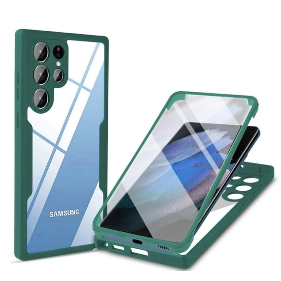Decase For Samsung Galaxy S22 Ultra,Clear PET Screen Protector with Soft Bumper Full Cover Shockproof Case Cover,Darkgreen