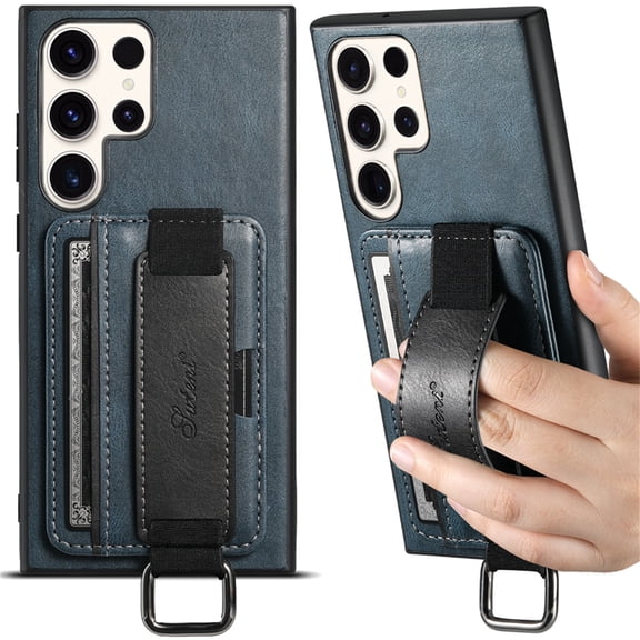 Decase For Samsung Galaxy S23 Ultra 6.8 inch Case,Shockproof PU Leather Credit Card Slot Kickstand Handle Strap Case Cover,Blue