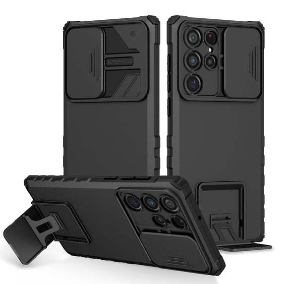 Decase For Samsung Galaxy S23 Ultra Case with Invisible Stand and Slide Camera Lens Protector Shockproof TPU Bumper Protection Case Cover,Black