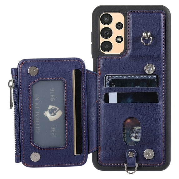 Decase For Samsung Galaxy S23 Ultra,Wallet Case PU Leather Shockproof Phone Shell Detachable Lanyard & Wrist Strap,Magnetic Buckle Back Cover Zipper Wallet Card Holder Pocket for Galaxy S23 Ultra,Blue