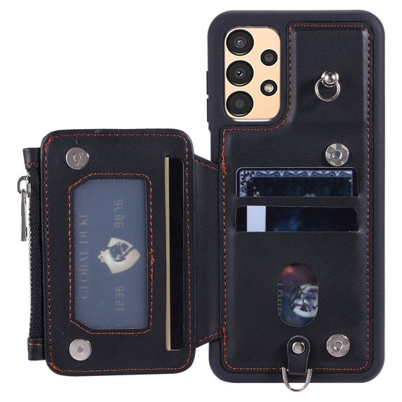 Decase For Samsung Galaxy S23 Ultra,Wallet Case PU Leather Shockproof Shell Detachable Lanyard & Wrist Strap,Magnetic Buckle Back Cover Zipper Wallet Card Holder Pocket for Galaxy S23 Ultra,Black