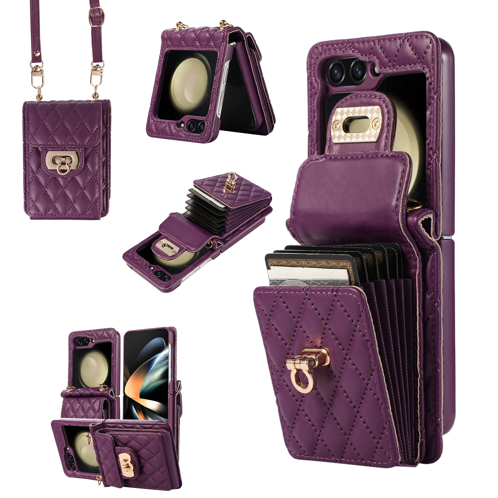 Decase For Samsung Galaxy Z Flip 5 5G Leather Wallet Case, PU Leather Shockproof Case with Crossbody Strap, Back Built in Stand Wallet Credit Card Holder Slots Phone Cover,Deep Purple
