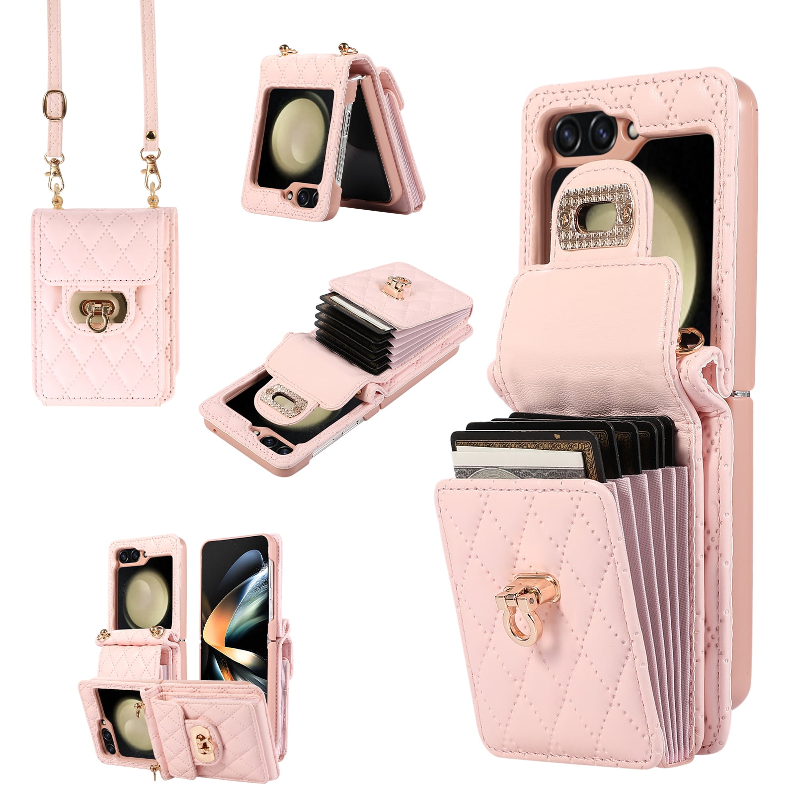 Decase For Samsung Galaxy Z Flip 5 5G Leather Wallet Case, PU Leather Shockproof Case with Crossbody Strap, Back Built in Stand Wallet Credit Card Holder Slots Phone Cover,Pink
