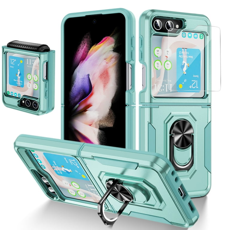 Decase For Samsung Galaxy Z Flip 5 Case,with Small Screen Protector & Hinge  Protection & Ring Metal Stand,Heavy Duty Shockproof Phone Cover for Galaxy  Z Flip5 5G,Mint 