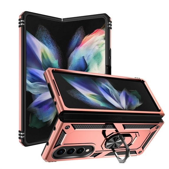 Decase For Samsung Galaxy Z Fold4,Shockproof Magnetic Metal Rotating Ring Holder Stand Protector Case Cover,Rosegold